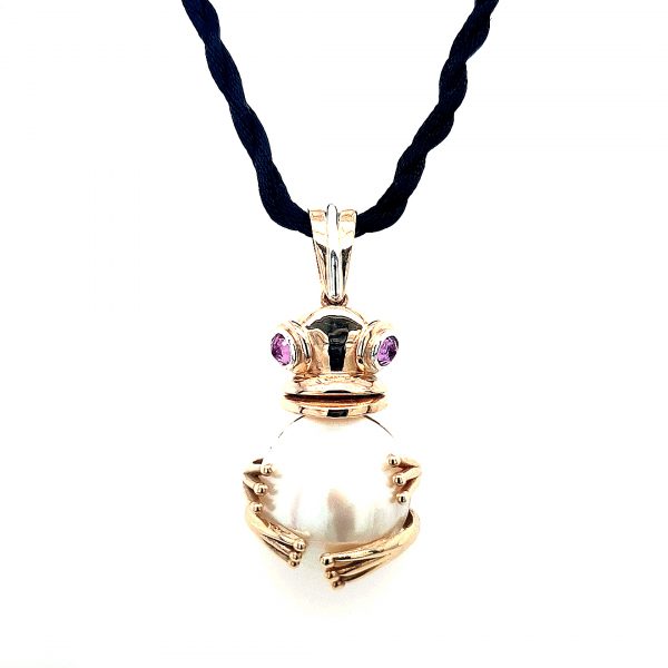 9KYG STERLING SILVER FROG MABE PENGUINE ABROLHOS PEARL WITH 2X PINK SAPPHIRES. HANDMADE_0