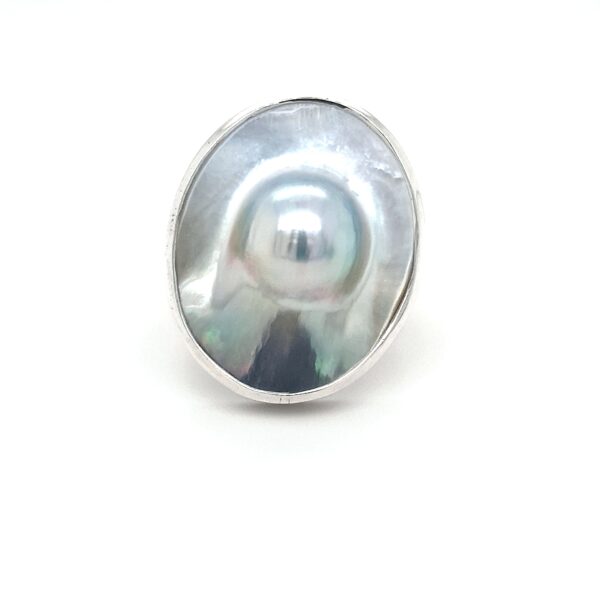 9K YELLOW GOLD AND STIRLING SILVER ABROHLOS MABE PEARL RING._0
