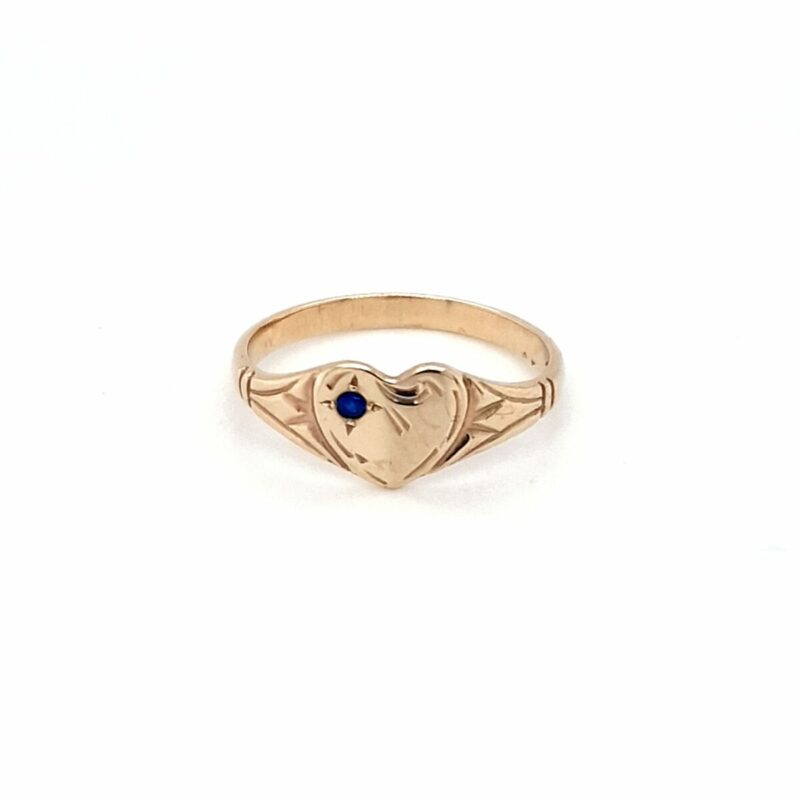 Blue Bird 9K Yellow Gold Heart Signet Ring with Blue Sapphire_0