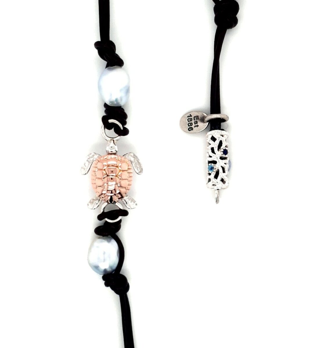Leon Baker 9K Rose Gold and Sterling Silver Broome Keshi Pearl Turtle Leather Bracelet with Blue Topaz and Blue Sapphire_0
