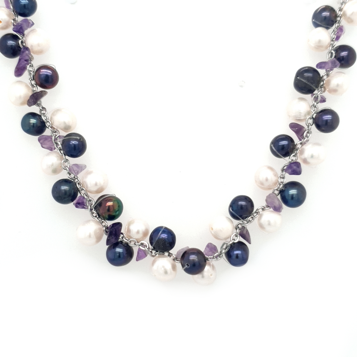 Leon Baker White and Peacock Freshwater Pearl and Amethyst Chip Necklace_0