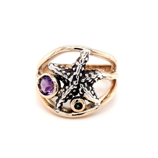 Coral Bay Collection 9K and Sterling Silver Amethyst and Peridot Starfish Ring_0