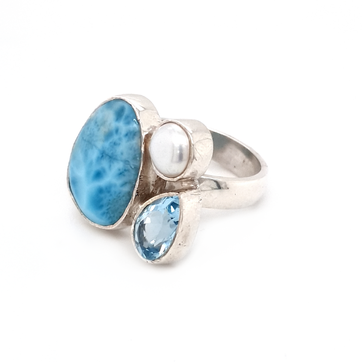 Leon Baker Sterling Silver Blue Topaz, Pearl, and Larimar Ring_1