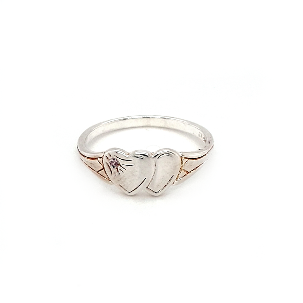 Blue Bird Sterling Silver Double Heart Signet Ring with Pink Cubic Zirconia_0