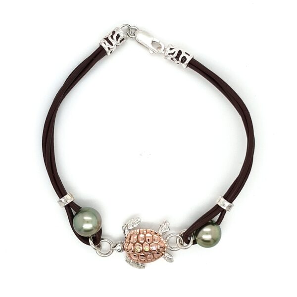 Coral Bay 9K and Sterling Silver Leather Bracelet with Pearl and Turtle_1