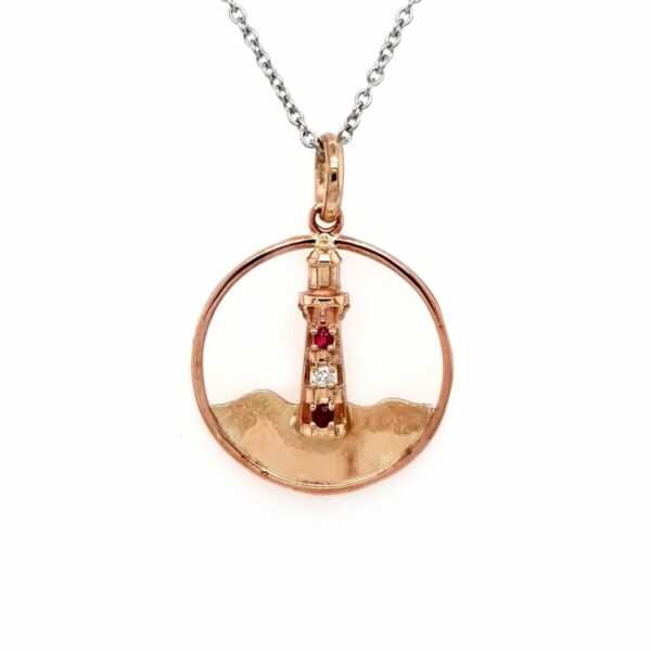 Coral Bay Collection 9K Yellow Gold Point Moore Lighthouse Pendant with Diamonds and Rubies_0