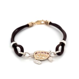 Coral Bay 9K Yellow Gold and Sterling Silver Turtle Leather Bracelet with Pink Sapphire_1