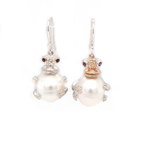 Leon Baker 9K Yellow Gold and Sterling Silver Pearl Frog Earrings_0
