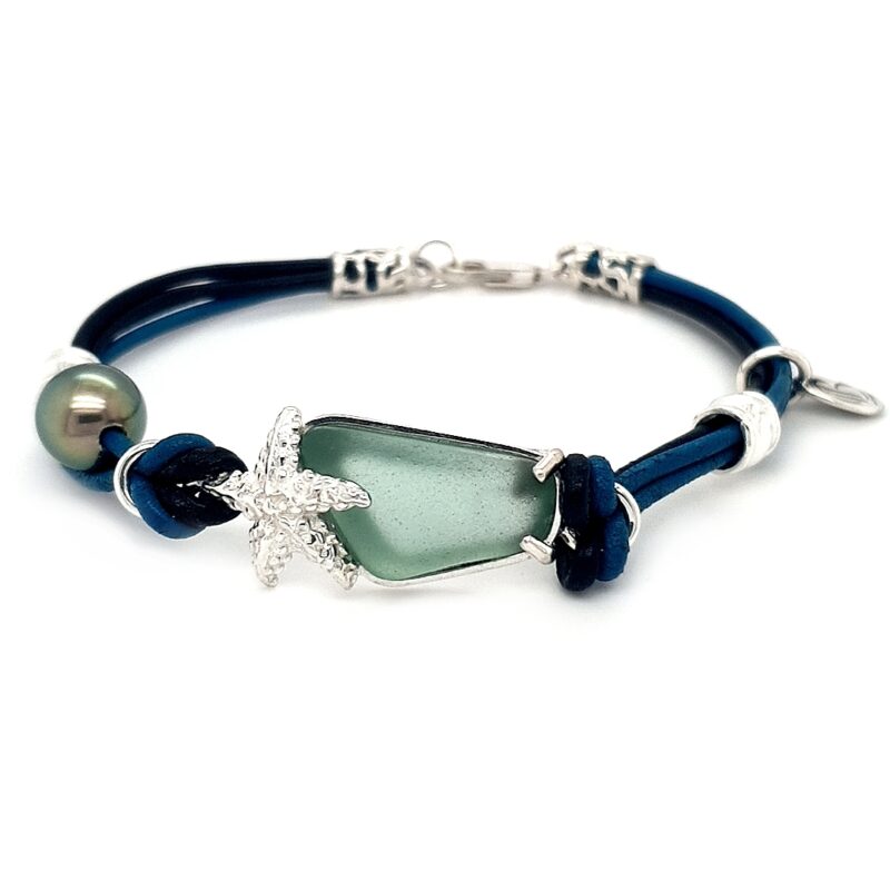 Coral Bay Collection Sterling Silver Blue Sea Glass and Abrolhos Pearl Leather Bracelet_0