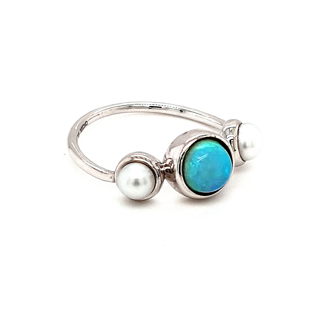 Leon Baker Sterling Silver Ring with Solid Opal and Two Fresh Water Pearls_0