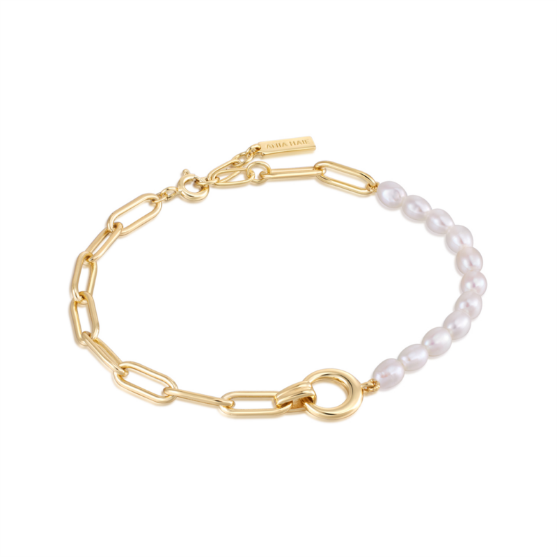 Ania Haie Gold Pearl Chunky Link Chain Bracelet_0