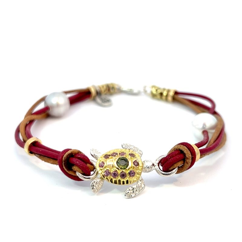 Leon Baker Handmade 18ct Yellow Gold and Sterling Silver Sapphire and Pearl Turtle Bracelet_0
