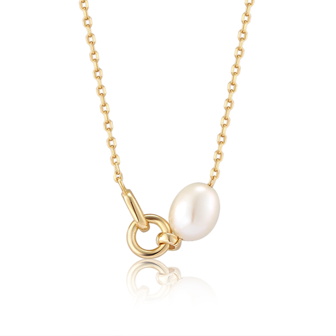 Ania Haie PEARL PWR GLD LINK CHAIN Necklace - A gold-plated chain adorned with lustrous pearls, offering timeless elegance and versatility. SKU: 027-02537