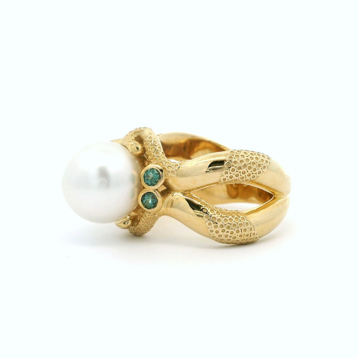 Octopus Ring With 2X 2.5MM Minty Tourmaline Stones and 11MM Broome Pearls Size P_0