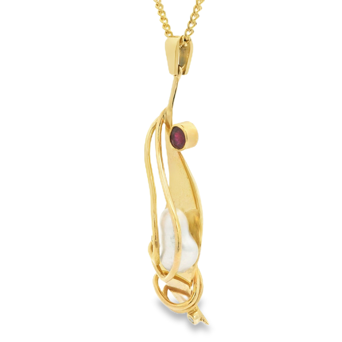 Leon Bakers 9K Yellow Gold Pendant with Red Ruby, Keshi Broome Pearl and 2x RBC Diamonds_2