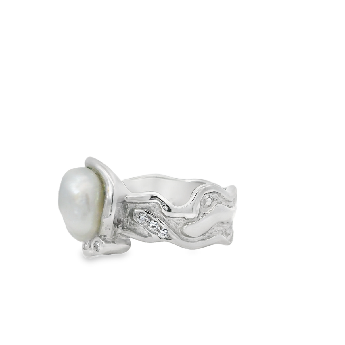 Leon Baker 18K White Gold Broome Keshi Pearl and Diamond Ring_2