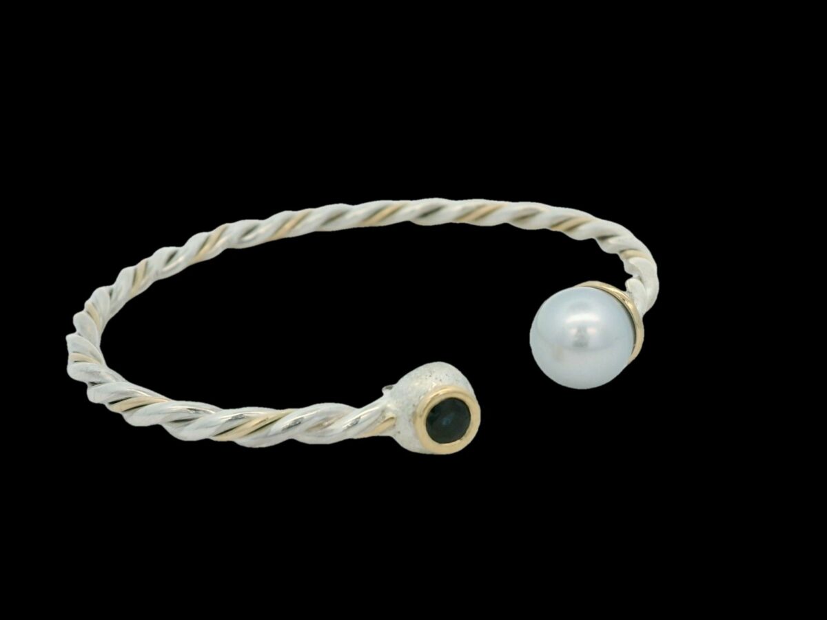 Sterling Silver 9KYG Twist Bangle with Abrolhos Pearls and Aust Sapphire_1