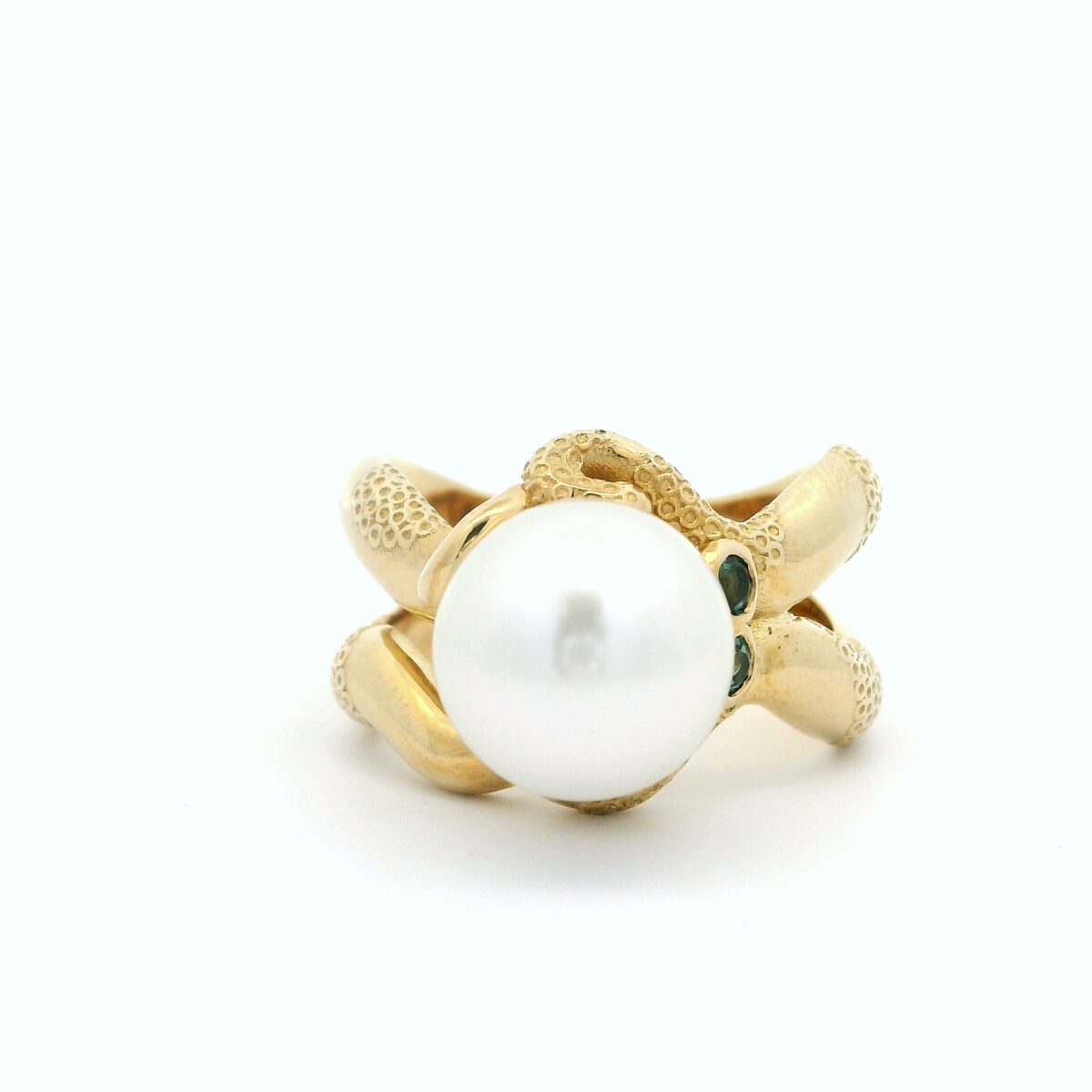 Octopus Ring With 2X 2.5MM Minty Tourmaline Stones and 11MM Broome Pearls Size P_1