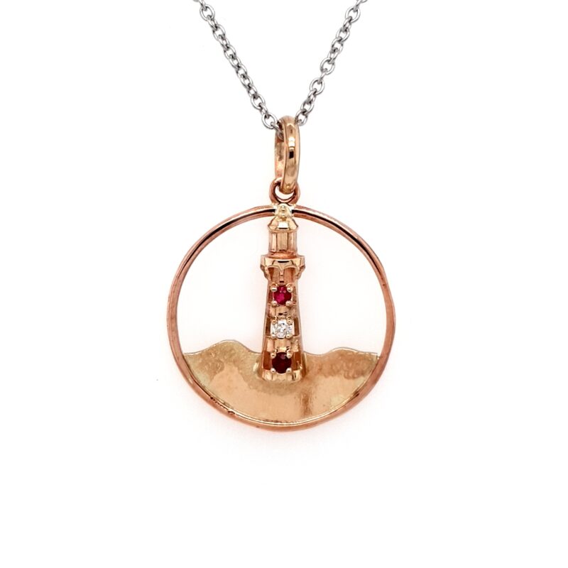 Coral Bay Collection 9K Yellow Gold Point Moore Lighthouse Pendant with Diamonds and Rubies_0