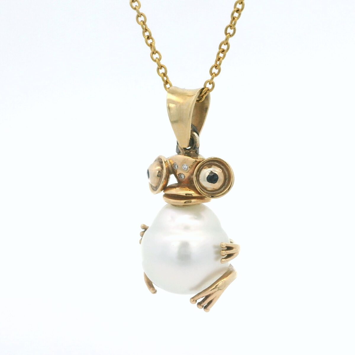 Leon Bakers 9K Yellow Gold Broome Pearl with Diamonds and Blue Sapphire Handmade Mr. Frog_2