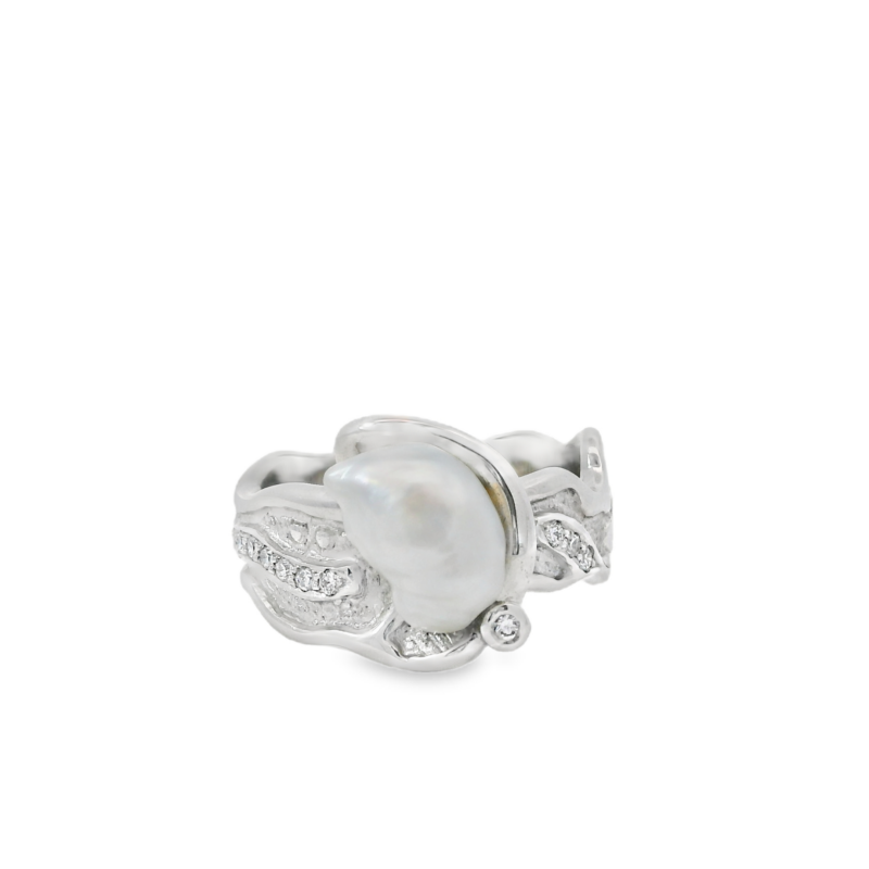 Leon Baker 18K White Gold Broome Keshi Pearl and Diamond Ring_0