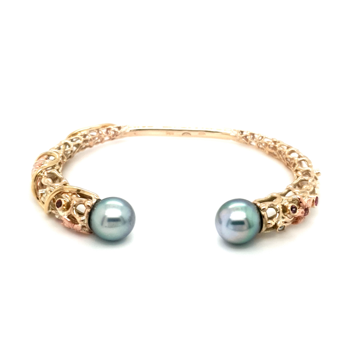 Coral Bay Collection 9K Yellow and Rose Gold Abrolhos Pearl Bangle, pink tourmalines, pink spinels_0