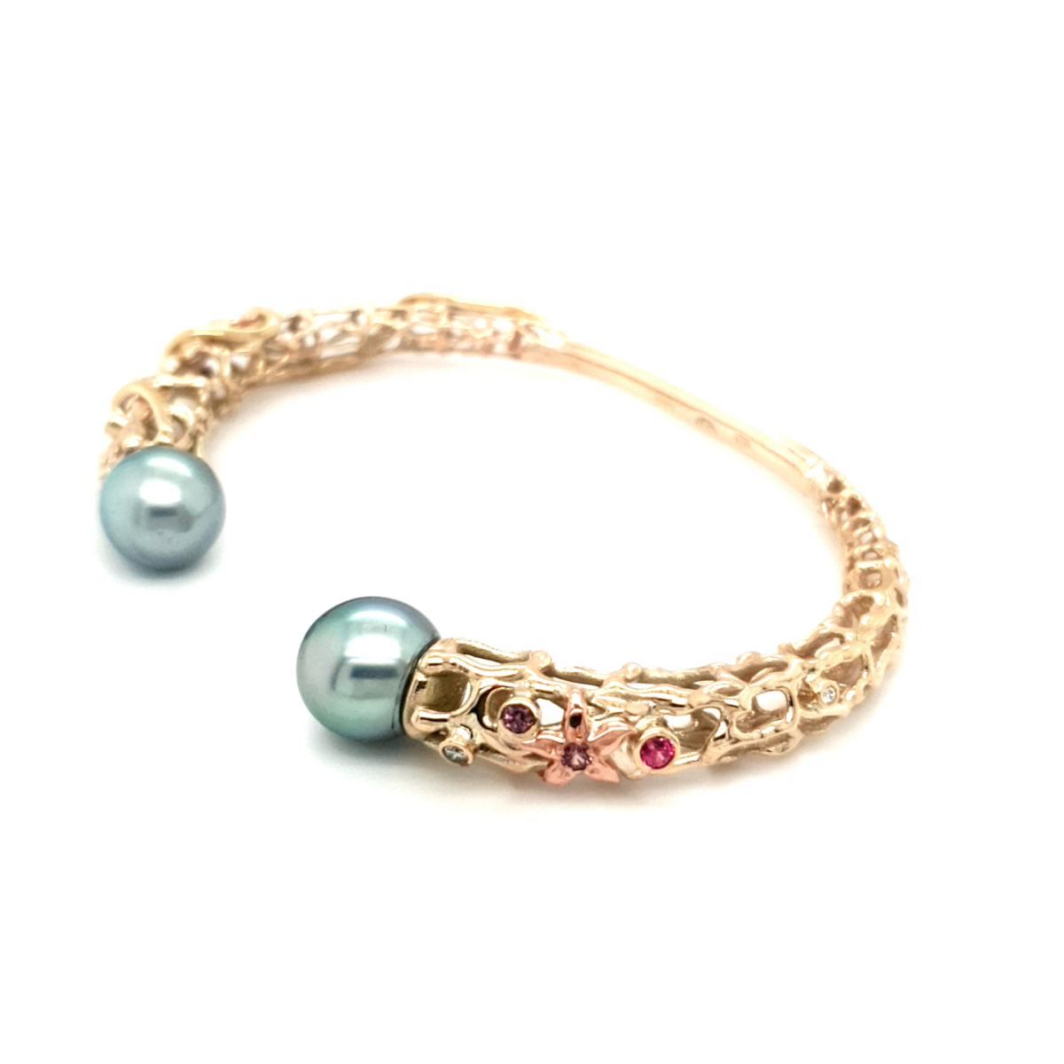 Coral Bay Collection 9K Yellow and Rose Gold Abrolhos Pearl Bangle, pink tourmalines, pink spinels_1