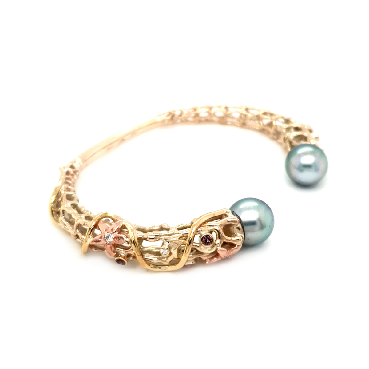 Coral Bay Collection 9K Yellow and Rose Gold Abrolhos Pearl Bangle, pink tourmalines, pink spinels_2