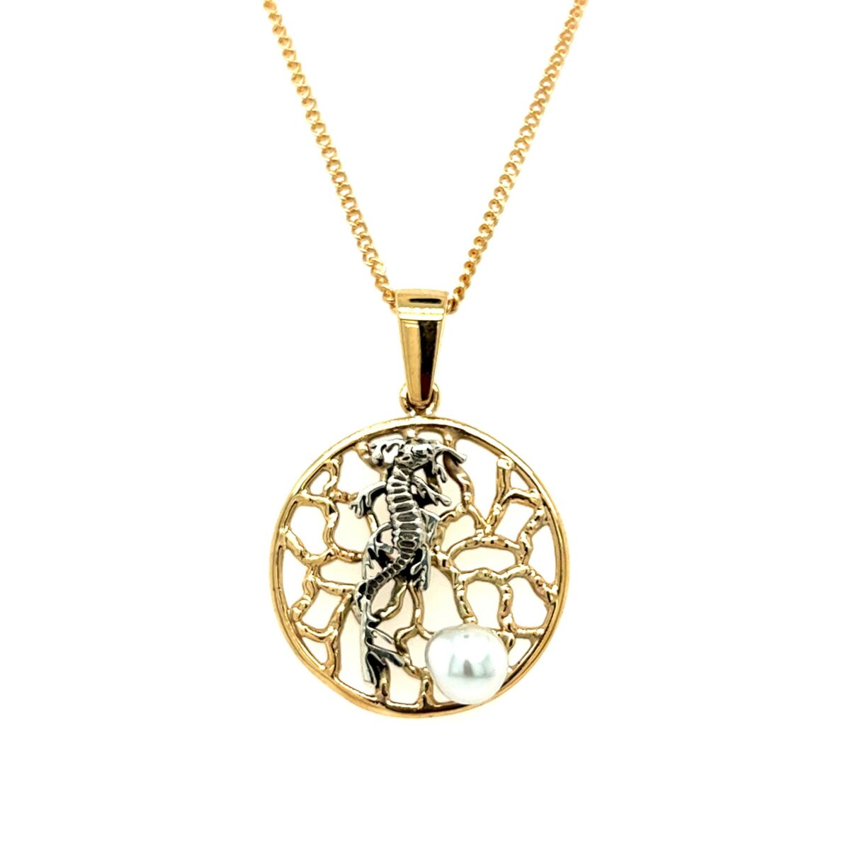 Leon Baker Hand Made 9k Yellow Gold Seahorse and Broome Pearl Pendant_0